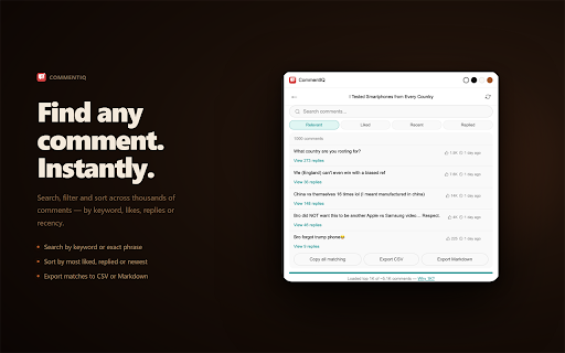 CommentIQ :: Search and explore YouTube comments — likes, replies, activity over time. On-device AI sentiment and insights on supported devices.