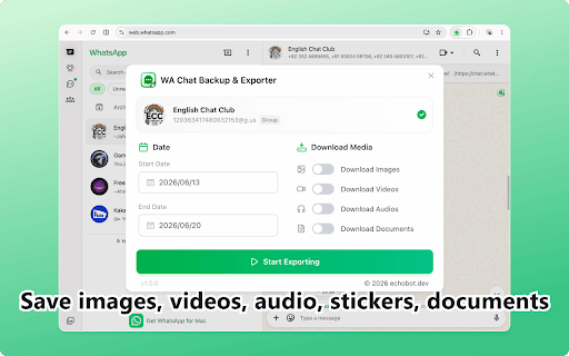 WA Chat Backup & Exporter :: Back up and export WhatsApp Web chats to CSV, Excel, JSON or HTML. Save messages and media from chats with one click.