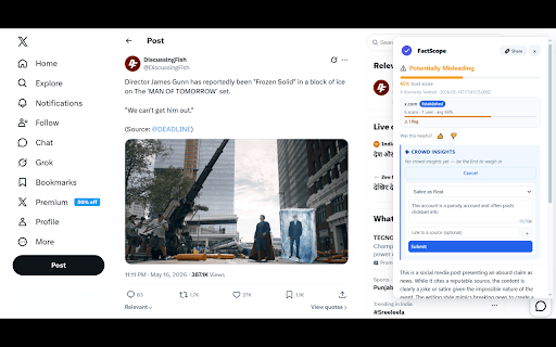 FactScope :: AI-powered misinformation detection. Scan any page or image for trust signals, fact-checks, and community verification.