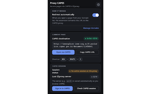 Proxy CAPES :: Redirects pages to the CAPES Journal Portal (EZproxy) and tracks your current session.
