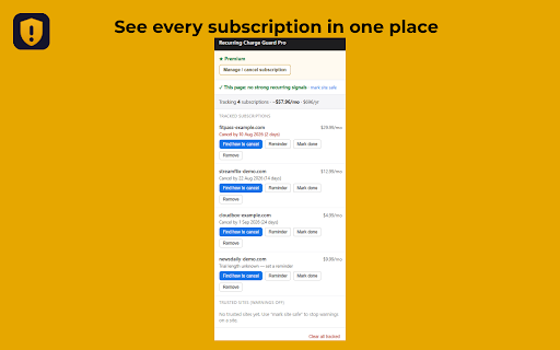 Recurring Charge Guard Pro :: Warns you before recurring charges at checkout, tracks your subscriptions, and reminds you to cancel before you're billed.