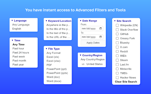 Google Search Custom Sidebar :: Customizable Google Search sidebar: quick filters (lang, time, filetype, country), site search, Verbatim & Personalization tools