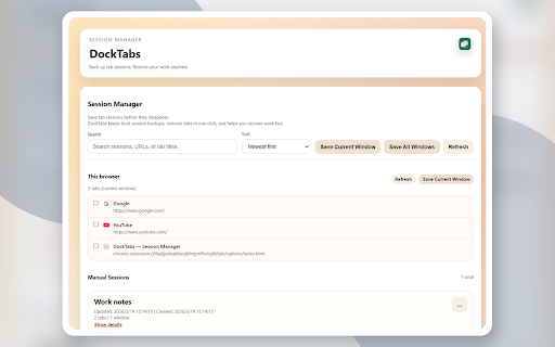 DockTabs - Tab Session Backup :: Local-first tab backup for Chrome. Save and restore sessions, keep snapshots, and recover tabs without sign-in.