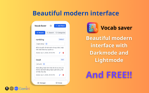 Vocab Saver :: Save vocabulary words while browsing the web with flashcards and matching games. Organized by categories with pronunciation support.