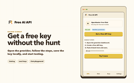 Free AI API - Free Keys & Playground :: Find free AI APIs, get your keys step by step, and try them right in the side panel.
