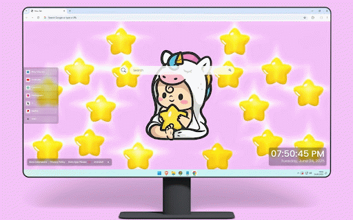 Cute Baby Unicorn Costume Live Wallpaper :: Adorable baby in unicorn costume surrounded by golden stars on dreamy pink background.
