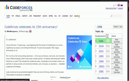 Codeforces Daily Question :: A extension that provides daily Codeforces questions tailored to your current rating and chosen topic, helping you improve…
