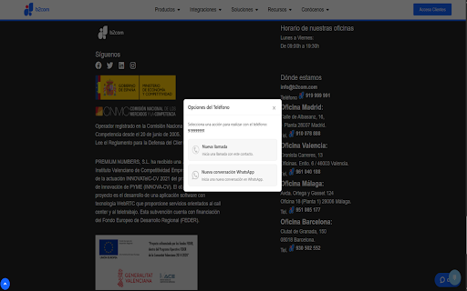 b2com ClickToContact :: Identifica números de teléfono, permite llamar vía API y enviar WhatsApp.