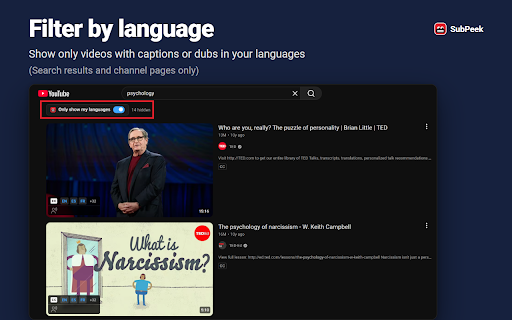 SubPeek - Caption & Dub Labels for YouTube :: See which YouTube videos have captions and dubbed audio in your languages, right on the thumbnail.