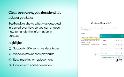 BeeSensible :: AI-powered PII detection and protection for ChatGPT, Claude, Gemini, Gmail, Outlook, and more