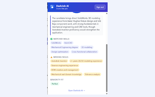DashJob AI: Score Anywhere :: Score any job posting against your resume in one click on LinkedIn, Indeed, Greenhouse, Lever, Ashby or any careers page.