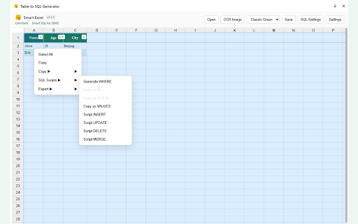 Web Table to Excel & SQL :: Capture web tables & dropdowns, edit in a side panel, generate SQL, and export to Excel/CSV/HTML/JSON.