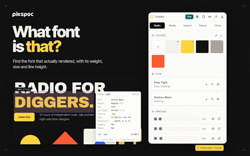 PikSpec – CSS Inspector & Font Finder :: Inspect CSS, fonts and colors on any website. Export design tokens to Tailwind, CSS, JSON or DESIGN.md for AI coding tools.