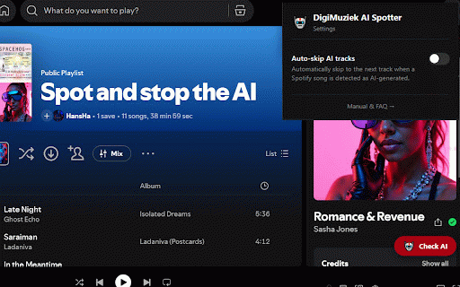 DigiMuziek AI Spotter :: Spot AI-generated music on Spotify: real-time detection, playlist scans, one-click block, optional auto-skip.