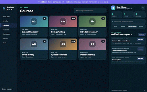 BoardBoost - Student LMS Dashboard :: A better dashboard for Blackboard Learn Ultra with tasks, announcements, grades, course customization, and dark mode.