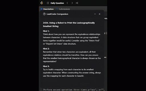 LT Companion :: Your AI LeetCode assistant: hints, code analysis, test cases, approach suggestions, and focused practice mode.