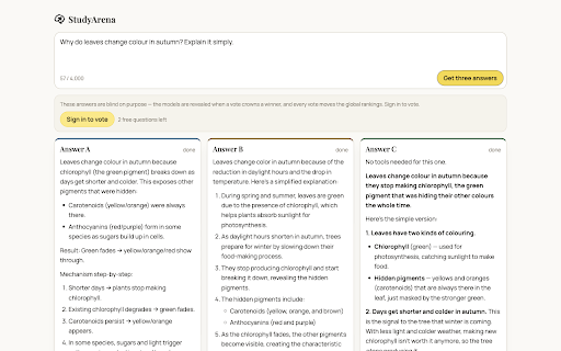 StudyArena :: Compare three AI answers for questions, selected text, or page regions beside the current tab.