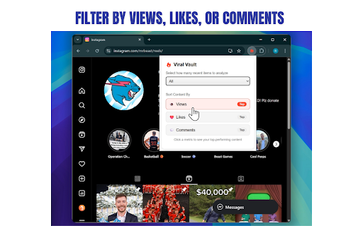 Viral vault :: Viral Vault shows you any Instagram profile’s best Reels by views, likes, or comments in seconds. Download the list in 1 click.