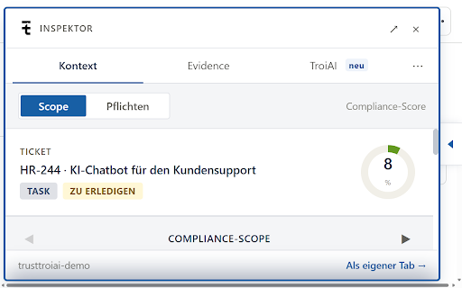 TrustTroiAI Inspektor :: Compliance-Inspektor für dein Jira. Erkennt vor Ort, was gilt.