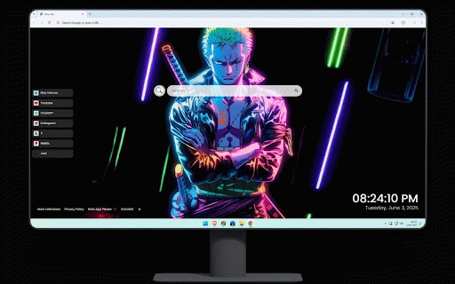 Roronoa Zoro Neon Glow Live Wallpaper :: Roronoa Zoro illuminated in vibrant neon colors with three swords in cyberpunk style.