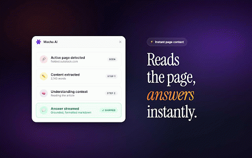 Macha AI: AI copilot for any webpage :: AI copilot in your Chrome side panel. Summarize, explain, and draft replies grounded in the page you're reading.