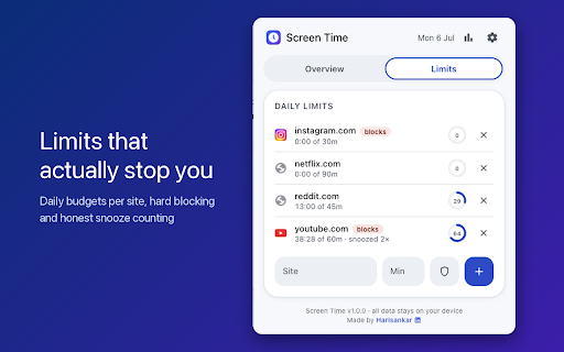 Screen Time: Website Tracker, Limits & Focus :: See where your time goes. Live site timers, daily limits with blocking, focus sessions & insights. 100% private, fully local.