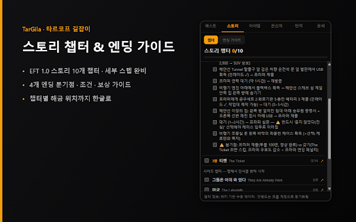 TarGila — 타르코프 길잡이 :: Escape from Tarkov 한국어 길잡이(TarkovGilajabi). 카파·스토리 퀘스트 트래커, 퀘스트/은신처 아이템 체크리스트, 엔딩 가이드. 진행도는 크롬 계정으로 기기 간 동기화됩니다.