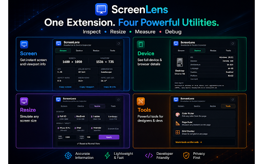 ScreenLens – Screen Resolution & Device Inspector :: Instant screen resolution, viewport size, device info, color picker, page ruler & responsive testing — all in one click.