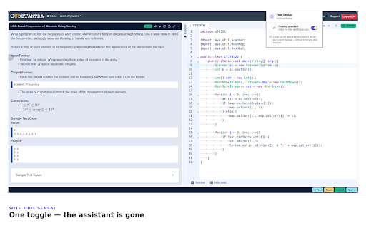 Hide SensAI for CodeTantra :: Hides the SensAI assistant icon and its pop-ups on CodeTantra for a distraction-free coding screen.