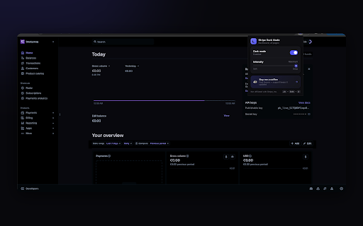 Stripe Dark Mode :: A clean, traditional dark theme for the Stripe Dashboard. Accent-preserving, with intensity control and a one-click toggle.