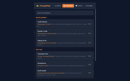 PromptPad - Markdown Prompt Editor :: Write better AI prompts with Markdown editor, templates, variables, history & token counter. Works with ChatGPT, Claude, Gemini.