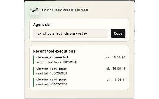 Chrome Relay :: Connect your local browser to coding agents through a local bridge.