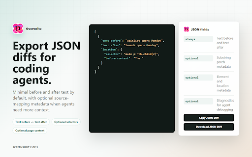 Overwrite :: Edit rendered page text in place and export compact text patches for coding agents.