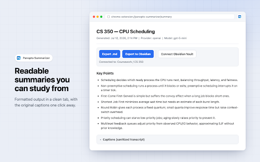 Panopto Summarizer :: Extract Panopto captions and summarize lectures with your own OpenAI or Gemini API key.