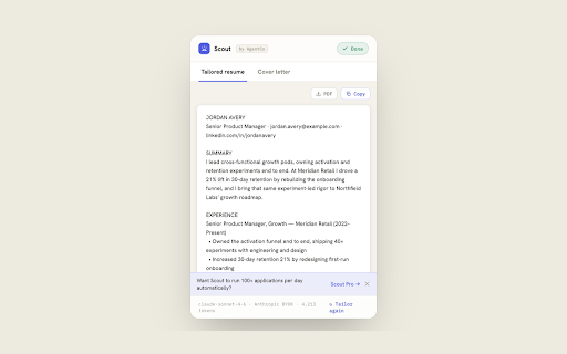 Scout by AgentCo :: Tailor your resume to any job, right where you find it.