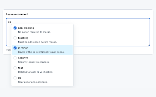 Conventional Comments :: Autocomplete picker for Conventional Comments labels and decorations in GitHub and GitLab MR/PR comment boxes.