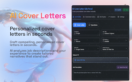 AI Cover Letter Side Panel :: Generate personalized cover letters & answer application questions with AI. Track jobs, analyze stats, and land interviews faster.