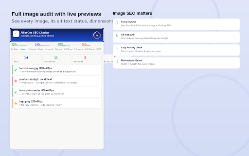 All in One SEO Checker :: Complete SEO audit: on-page, technical, images, links, schema, Core Web Vitals, LLM, AEO & GEO signals.
