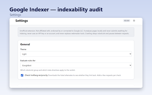 Google Indexer — indexability audit :: Unofficial offline auditor: robots.txt, meta robots, canonical, hreflang, structured data, sitemap. Submits nothing.