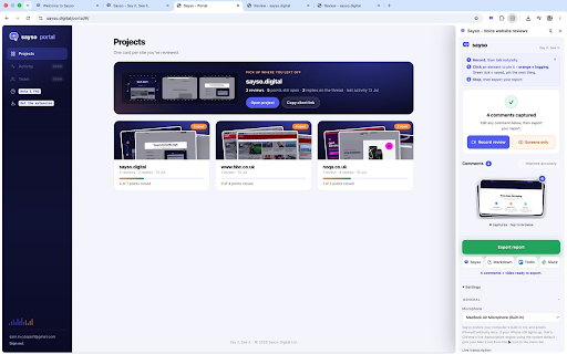 Sayso - Voice website reviews :: Talk through any website. Every sentence becomes a screenshot pinned to the exact element - then export a client-ready report.