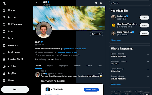 X Dim Mode :: Restores the Dim (dark blue) background option to X/Twitter display settings.