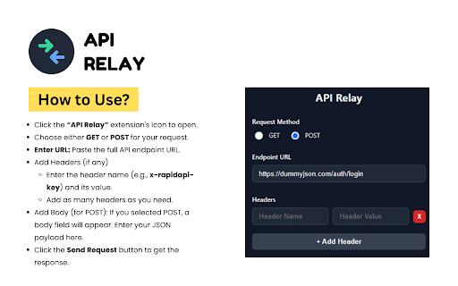 API Relay :: The chrome extension to send GET and POST requests and view responses.