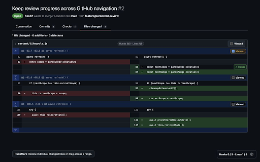 HunkMark – Diff Review for GitHub :: Review GitHub pull request diffs by hunk or line, collapse reviewed changes, and track progress.