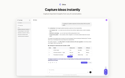 Ctxia — AI Memory for ChatGPT & Claude :: Save, organize, and reuse AI conversations from ChatGPT, Claude, Gemini, and DeepSeek with AI-powered knowledge cards.
