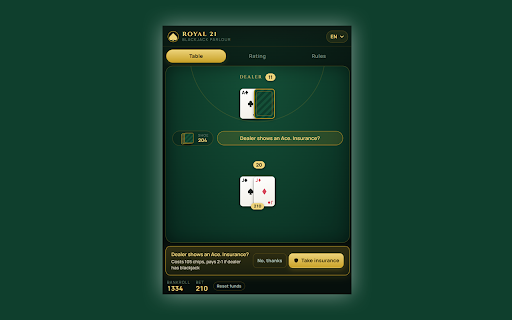 Royal 21 Blackjack :: An elegant blackjack table in your side panel — full casino rules, splits, doubles, insurance and a leaderboard.