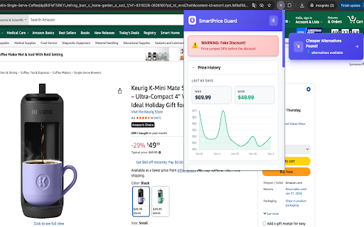 SmartPrice Guard :: Detect fake discounts, view price history, find cheaper alternatives, and see review summaries on Amazon