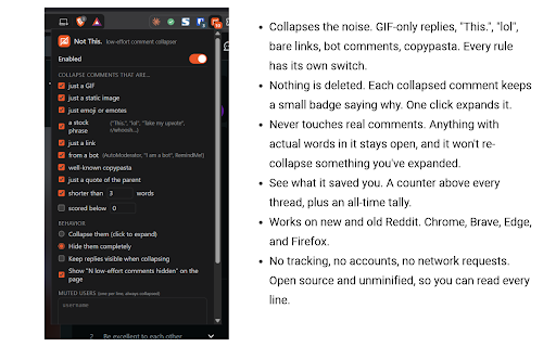Not This. :: Collapses low-effort Reddit comments (GIFs, "This.", lol, bare links, bots, copypasta) so you can read the actual discussion.