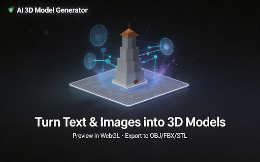 AI 3D Model Generator :: Generate low-poly 3D models from text or image with your own AI API key, preview in WebGL viewer, and export to OBJ, FBX, or STL.