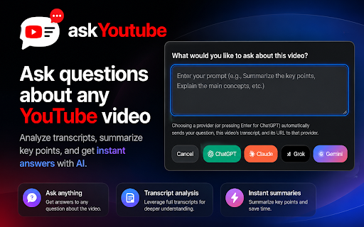 askYoutube: Ask AI About Any YouTube Video :: Ask any YouTube video questions—fast and easy. Answers open in your own ChatGPT, Claude, Grok or Gemini at no extra cost.