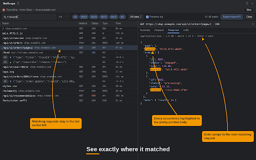 NetScope – Search Network Responses & WebSockets :: DevTools panel: search response bodies and live WebSocket frames, copy as cURL, export captured WS traffic as AsyncAPI 3.0.